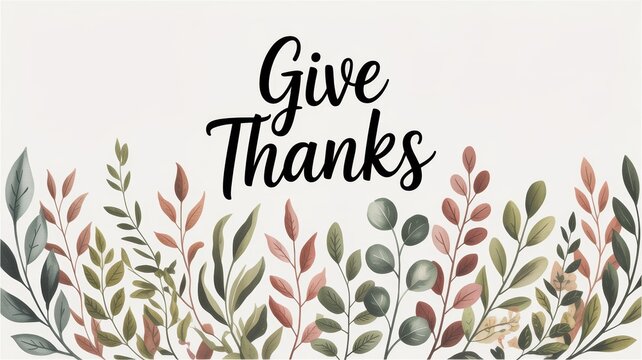 Give thanks text with floral leaves border in muted colors for fall or thanksgiving design theme