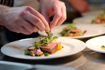 Elegant Meal Preparation Focus on Chef Plating Tender Meat in Restaurant