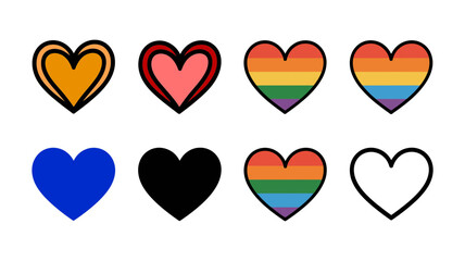 Vector art of assortment of heart shapes including rainbow, solid colors, and outlines
