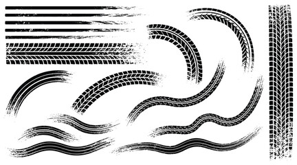 Vector art of set of various tire track silhouettes collection of car, motorcycle, and bicycle tire marks in different shapes and patterns for design elements