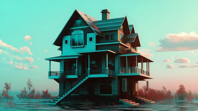 Dreamlike house structure on surreal isolated landscape