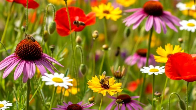 Bees buzz around a colorful meadow filled with wildflowers in bloom.