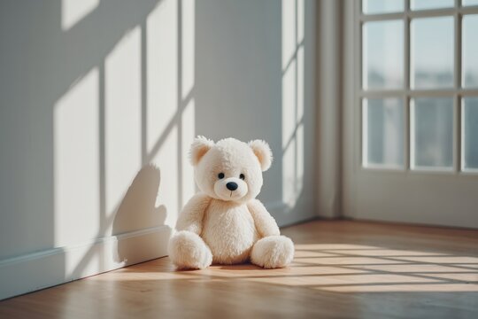 A teddy bear sits alone in a room, with a looming shadow of a monster cast on the wall. The contrast of innocence and fear evokes a sense of childhood anxiety and imagination. Concept of childhood fea