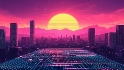 Retrofuturistic cityscape with neon grid and sunset - Powered by Adobe