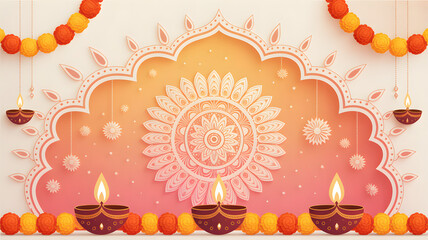 Intricate pink mandala design with decorative Diwali lanterns and “Happy Diwali” text, traditional festive Indian graphic.
