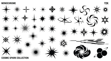 Vector art of monochrome cosmic spark collection, featuring various starburst and galaxy designs, ideal for adding a celestial or futuristic touch to projects © S.Siam