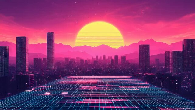 Retrofuturistic cityscape with neon grid and sunset - Powered by Adobe