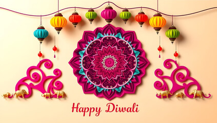 Pink-magenta lotus on mandala base with golden elephants, hanging lanterns, lit diyas, “Happy Diwali” greeting, festive Indian illustration.
