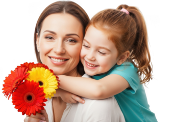 Happy mother embracing daughter holding colorful gerbera daisy flowers joyful family moment isolated on transparent background
