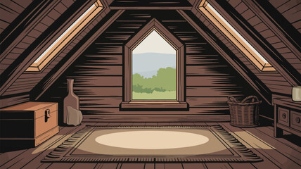 Attic room with wooden walls and floor featuring a window, rug, chest, and other furnishings inside