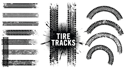 Vector art of set of black tire tracks, showcasing various patterns and textures, perfect for adding a rugged, dynamic touch to designs and illustrations