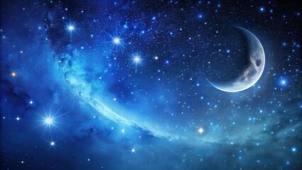 Dark blue night sky with scattered stars and a crescent moon hanging low on the horizon , evening sky