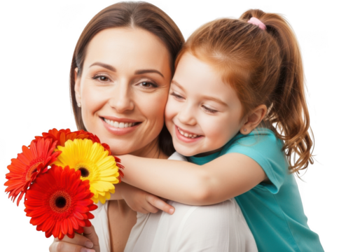 Happy mother embracing daughter holding colorful gerbera daisy flowers joyful family moment isolated on transparent background - Powered by Adobe