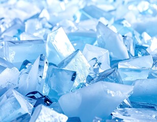 Close-up view of many shards of ice.  Crystalline shapes in light blue hues.  Abstract texture
