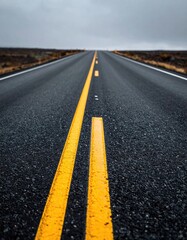 Straight asphalt highway, two yellow lines, receding into the distance.  Gray sky and flat landscape in the background