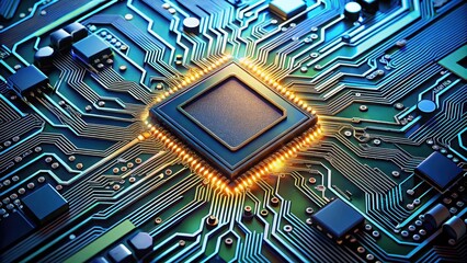 Intricate circuit patterns on a microchip surface with various wires and components, showcasing advanced technology features, electronics, circuit