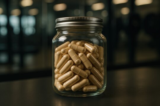 Glass jar filled with beige ZMA capsules placed on a dark reflective surface under soft ambient lighting in a modern setting.