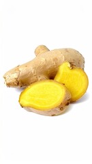 Fresh ginger root, sliced, on white background