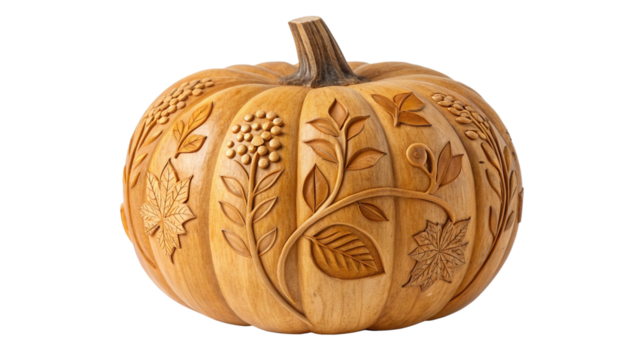 Carved wooden pumpkin with floral and leaf motifs, isolated on transparent background