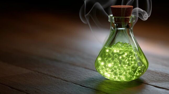 Glowing green potion bottle with bubbles and smoke inside sealed with cork on wooden surface emitting mysterious magical atmosphere in glass