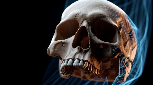 Human skull close up with digital mesh overlay dark background showing detailed bone structure and teeth anatomy with futuristic technology and mesh