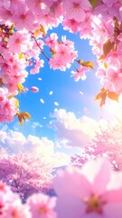 Blossoming cherry blossoms, vibrant pink flowers cascading against a vibrant blue sky. Soft sunlight filters through the branches, creating a dreamy aesthetic. Falling petals add a delicate touch