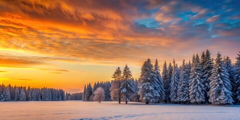 Snow-covered forest landscape at sunset, with tall trees silhouetted against a vibrant orange sky and the snow-covered field stretching out into the distance, natural, serene