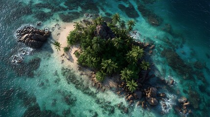 Tropical Island Paradise Aerial View Seascape Palm Trees Crystal Turquoise Water