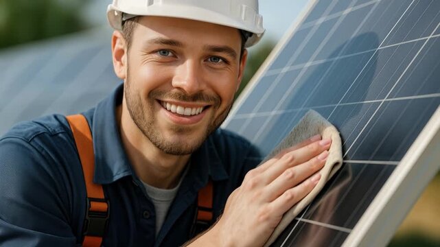 Smiling Worker Cleans Solar Panels Outdoors With Focus On Renewable Energy Maintenance, Wearing Protective Gear In A Sunny Environment
