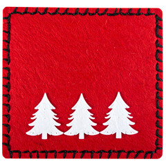 A square red textile with three white cut-out fir trees and a black stitched border