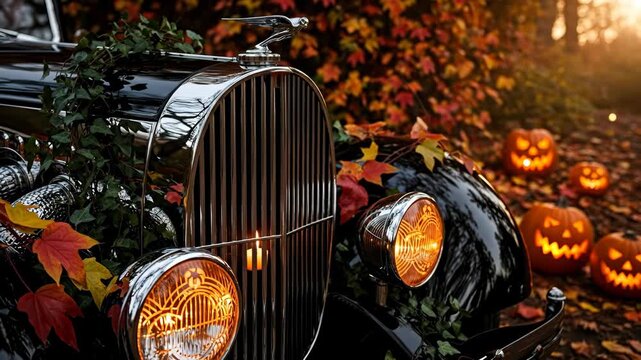 Vintage car surrounded by осень leaves and glowing Halloween pumpkins in an autumn setting for holiday video footage