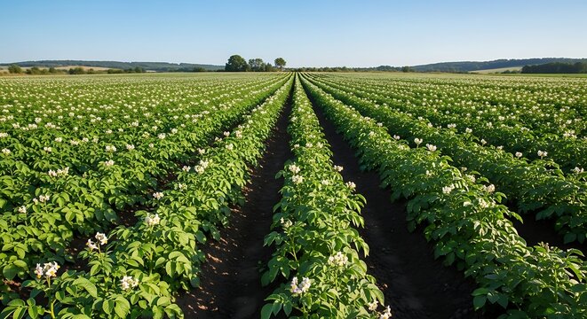 Potato Field in Bloom Rows of Blossoming Plants and Landscape