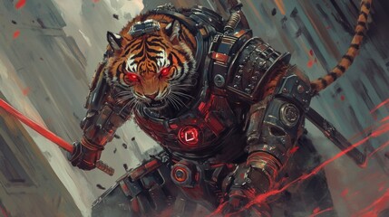 Obraz premium Tiger warrior with glowing red eyes