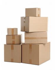 Stack of various sized cardboard boxes, taped securely