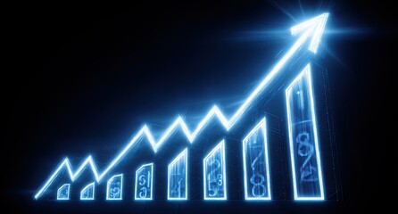 Luminous, upward-pointing arrow superimposed over a glowing bar graph on black