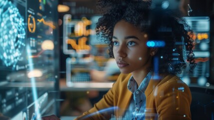 Future Tech: Young Diverse Woman Interacting with Holographic AI and Data Interface in Laboratory