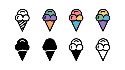 Vector art of assortment of ice cream cone icons in different colors and styles