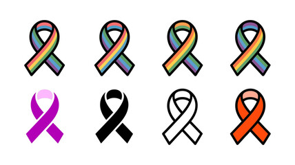 Vector art of set of awareness ribbons in various colors including rainbow and pride
