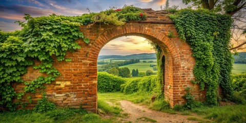 Weathered red brick wall covered in lush green ivy vines with old stone archway standing alone amidst a rustic countryside landscape of rolling hills and trees, rustic country scene, earth tones