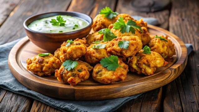 Crispy fried chicken pakora fritters on a wooden plate, garnished with fresh cilantro leaves and served with tangy raita sauce , snacks, fried chicken