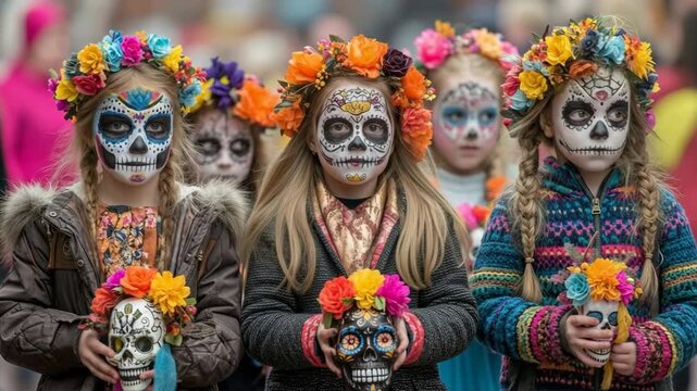 Day Of The Dead Celebration of Children with Face Paint, Skulls, and Floral Crowns for Day of Dead