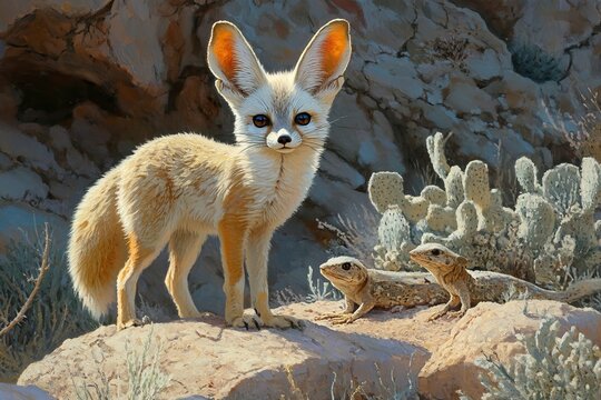 Fenek and desert lizards in arid climates. Wildlife.