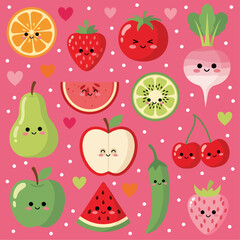 A delightful collection of cute kawaii fruit and vegetable characters with smiling faces on a playful pink background with hearts and polka dots