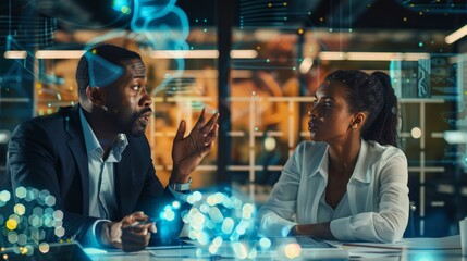 Diverse Business Professionals Discussing AI and Data Ethics in Futuristic Office with Holographic Data