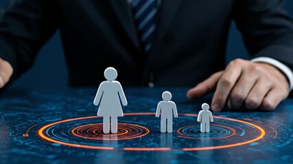 Man places a female figure cutout on a digitally enhanced table, establishing a family unit with male and child figures, footage. - Powered by Adobe