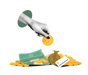 A hand holds a gold coin over a pile of cash, banknotes, and a credit card. Modern vector collage in halftone on a transparent background. Conceptual image of finance, investment, and savings.