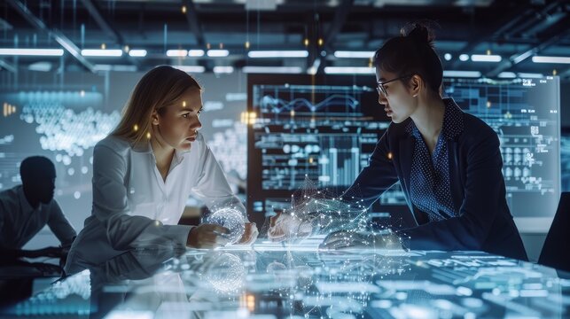 Two Tech Engineers Collaborating on Digital Network Projection and AI Data Analysis
