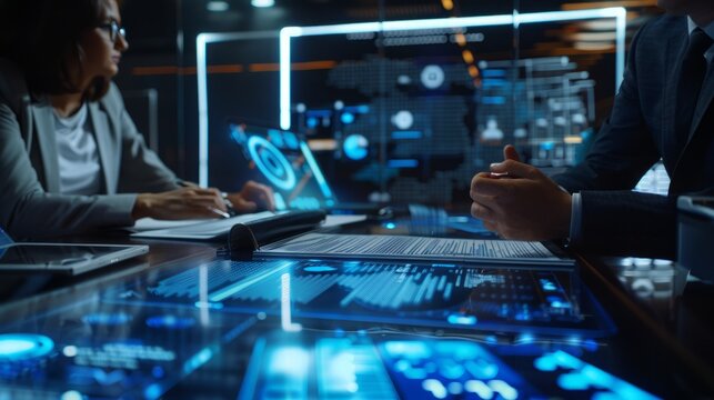 Business Professionals Discussing AI and Data Ethics with Holographic Interface and Digital Projections