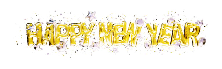 Golden letters Happy New Year in helium balloons with stars and confetti isolated on a transparent background	
