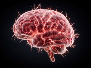 Bioluminescent, detailed brain illustration with electrical activity against a black backdrop